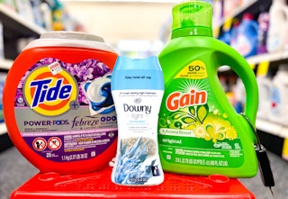 Tide Pods, Downy Light scent beads and one Gain detergent