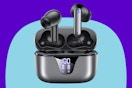 Wireless earbuds on a blue background.