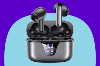 Wireless earbuds on a blue background.