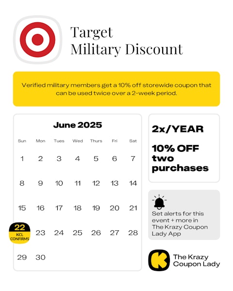 Calendar graphic of Target Military Discount that starts on June 22 2025