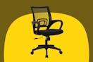 A black rolling desk chair with one lever beneath the seat and a square back made of supportive netting