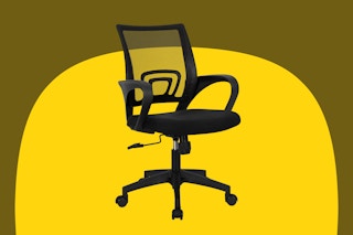 A black rolling desk chair with one lever beneath the seat and a square back made of supportive netting