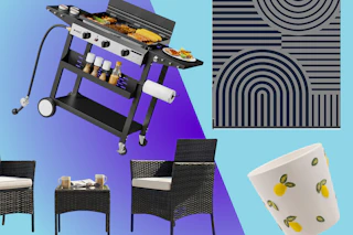 gas griddle grill, patio set, patio rug, planter with lemons on it