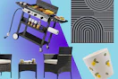gas griddle grill, patio set, patio rug, planter with lemons on it