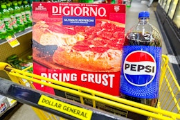 digiorno pizza and pepsi in dollar general shopping cart