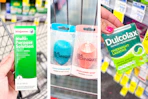collage image of contact solution, real techniques makeup sponges, and dulcolax