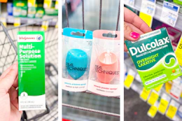 collage image of contact solution, real techniques makeup sponges, and dulcolax