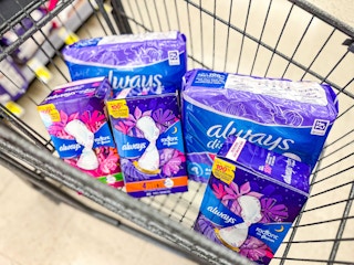 always and always discreet pads in a walgreens shopping cart