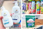collage with dove hand soap, cascade dishwasher pacs, and a colgate kids toothbrush