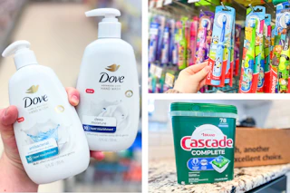 collage with dove hand soap, cascade dishwasher pacs, and a colgate kids toothbrush