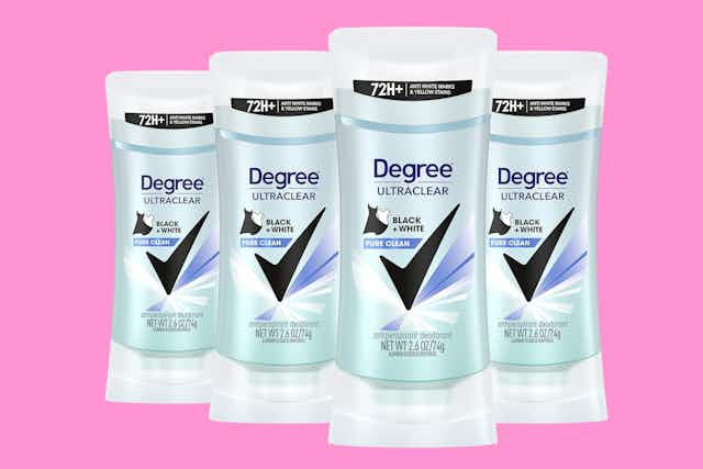 Degree UltraClear Deodorant 4-Pack, Now $8.97 on Amazon card image
