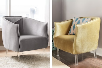 2 lifestyle images of the Weston Home Velvet Barrel Chair with Clear Legs (silver & gold)