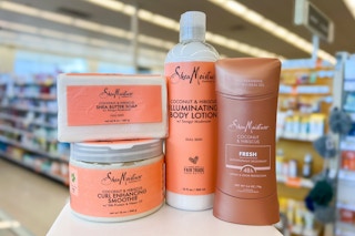 sheamoisture bar soap, hair care, lotion, and deodorant products in a store