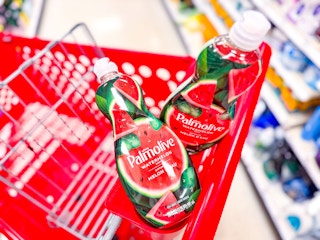 2 palmolive dish soap bottles sitting in a target cart