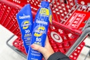 hand holding 2 coppertone sunscreen in front of a target cart