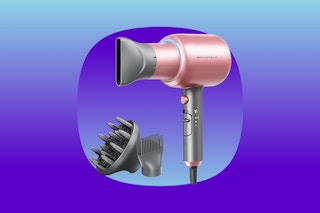 A pink and grey Wavytalk ionic hair dryer with a diffuser attachment and a thin directed nozzle attachment