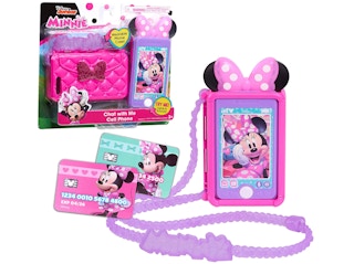 Minnie Mouse pink a purple cell phone toy set on a white background