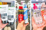 collage image of garnier face scrub, old spice and secret dry spray deodorant, and garnier micellar water