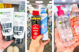 collage image of garnier face scrub, old spice and secret dry spray deodorant, and garnier micellar water