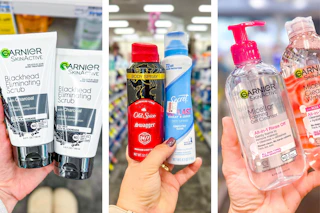 collage image of garnier face scrub, old spice and secret dry spray deodorant, and garnier micellar water
