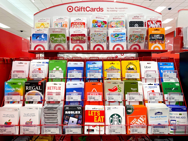 various gift cards on display at target checkout