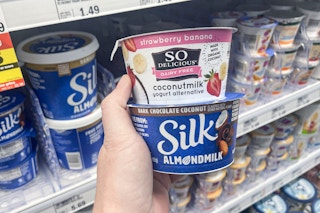 hand holding meijer so delicious silk yogurt