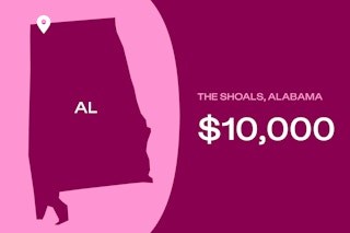 Graphic showing The Shoals, Alabama, which offers $10,000.