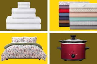 JCPenney towels, sheets, comforter set, and slow cooker.