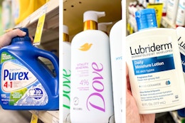 collage image of purex detergent, dove body wash, and lubriderm lotion