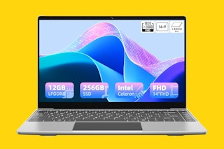 A 14-inch quad core laptop computer with 12GB operating RAM, 256 GB SSDRAM and an Intel Celeron processor