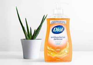 a pump bottle of hand soap next to a plant