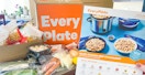 an Every Plate meal kit unpacked on a counter with a recipe card