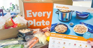 an Every Plate meal kit unpacked on a counter with a recipe card