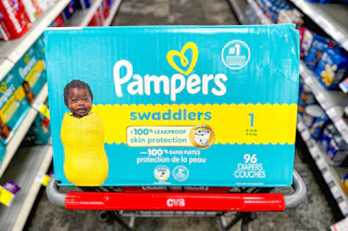 pampers swaddlers diapers on a cvs cart