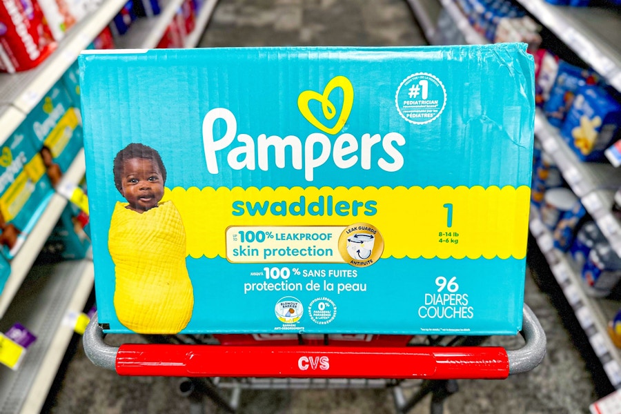 pampers swaddlers diapers on a cvs cart