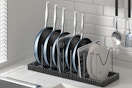 a pots and pans organizer in a kitchen