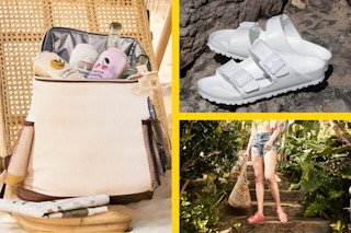 collage of a backpack cooler and birkenstock sandals