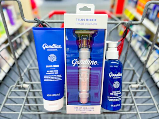 one Goodline shave cream, t blade trimmer, and beard and face wash inside cart