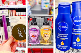 collage image of covergirl makeup, softsoap hand soap, and nivea lotion