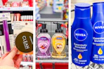 collage image of covergirl makeup, softsoap hand soap, and nivea lotion