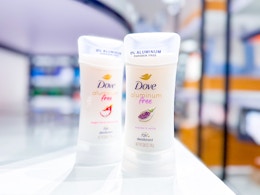 2 dove aluminum free deodorant sticks sitting on a target table