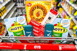 mott's fruit snacks, honey bunches of oats, colgate toothpaste, sally hansen hard as nails tint, and degree deodorant in a cart