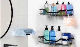 shower shelves with products on a shower wall