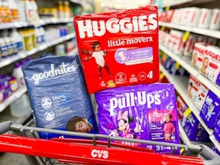cvs shopping cart with huggies, pull-ups, goodnites