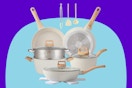 16PCS Pots and Pans Set Non Stick Cookware Set Nonstick with Cooking Set on a blue background.