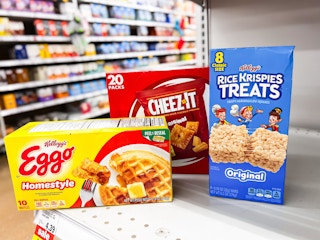 eggo waffles, cheez-it crackers, and rice krispies treats on a shelf