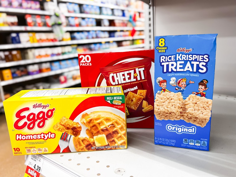 eggo waffles, cheez-it crackers, and rice krispies treats on a shelf