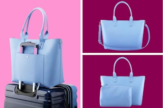collage image of a blue travel tote bag