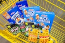 kellogg's cereal, trolli candy, purina and pedigree dog food in a yellow shopping cart