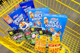 kellogg's cereal, trolli candy, purina and pedigree dog food in a yellow shopping cart
